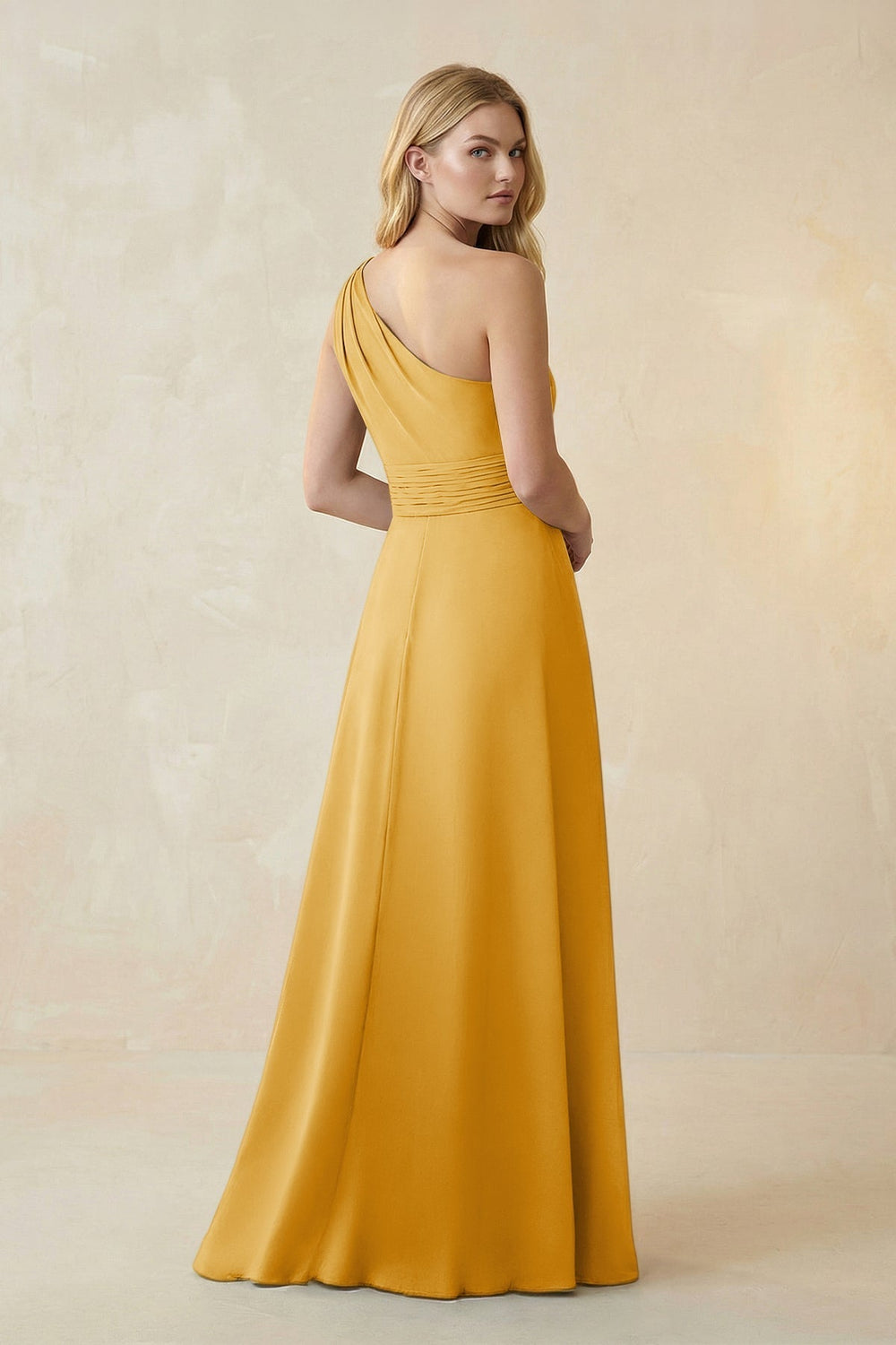 One-Shoulder Ruched A-Line Satin Bridesmaid Dress in Gold