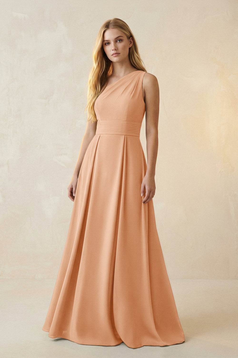 One-Shoulder Ruched A-Line Satin Bridesmaid Dress in Golden Champagne
