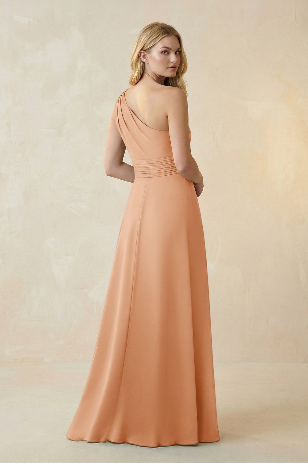 One-Shoulder Ruched A-Line Satin Bridesmaid Dress in Golden Champagne