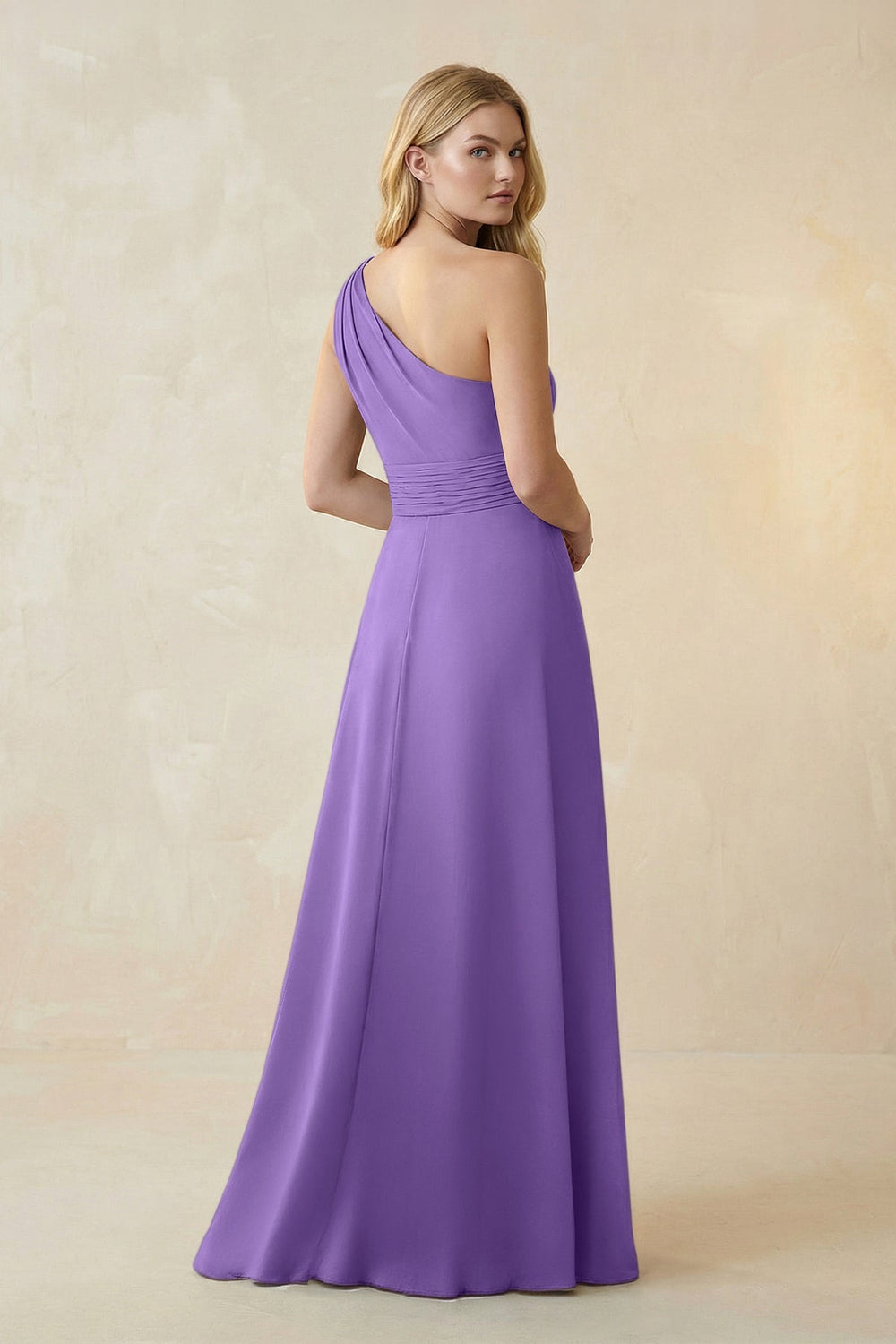 One-Shoulder Ruched A-Line Satin Bridesmaid Dress in Lilac