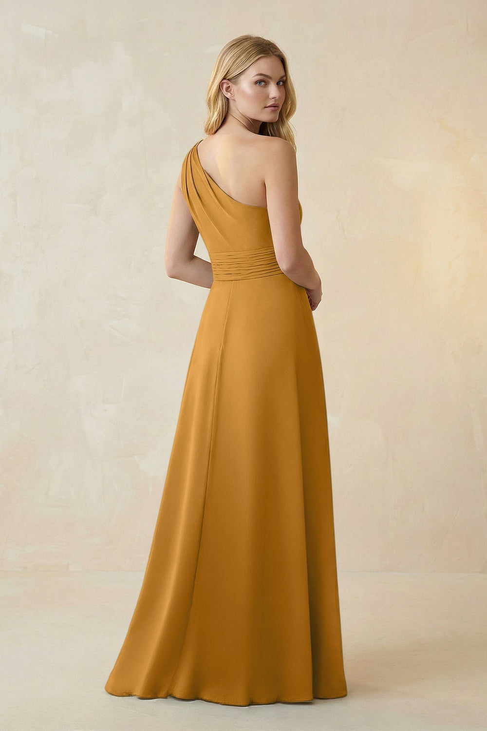 One-Shoulder Ruched A-Line Satin Bridesmaid Dress in Marigold