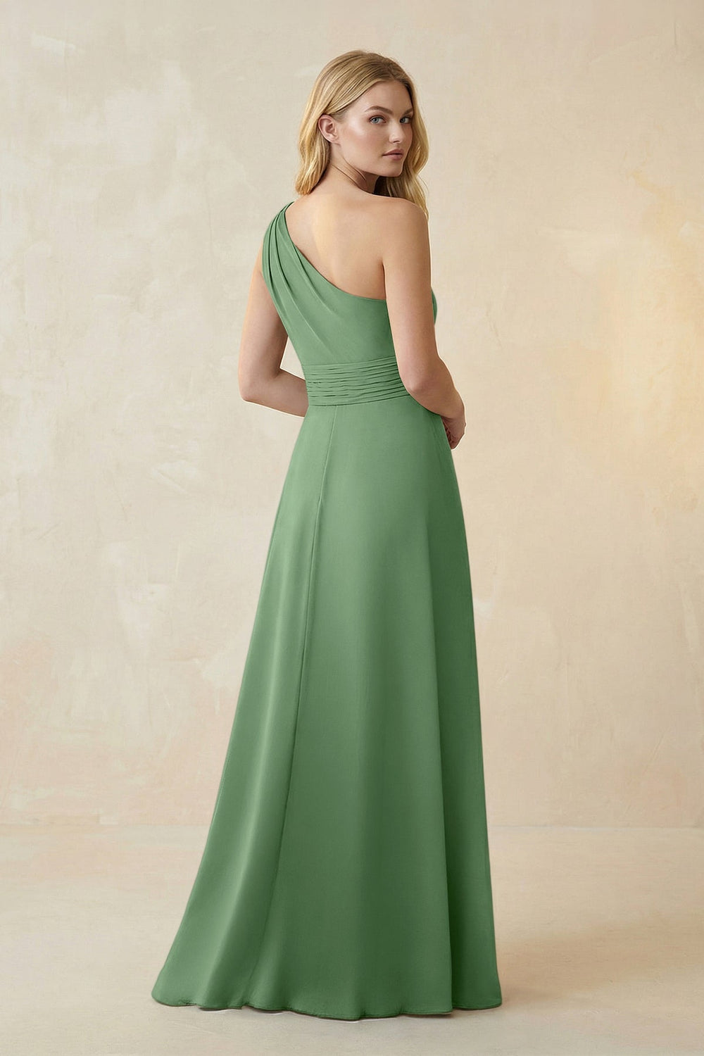 One-Shoulder Ruched A-Line Satin Bridesmaid Dress in Matcha