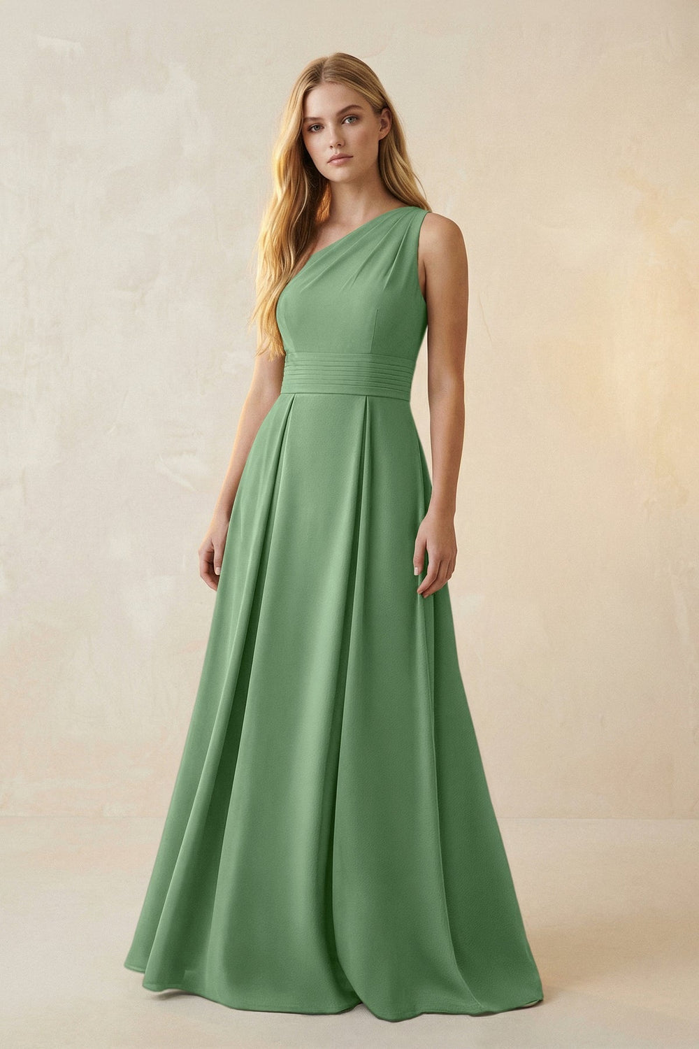 One-Shoulder Ruched A-Line Satin Bridesmaid Dress in Matcha