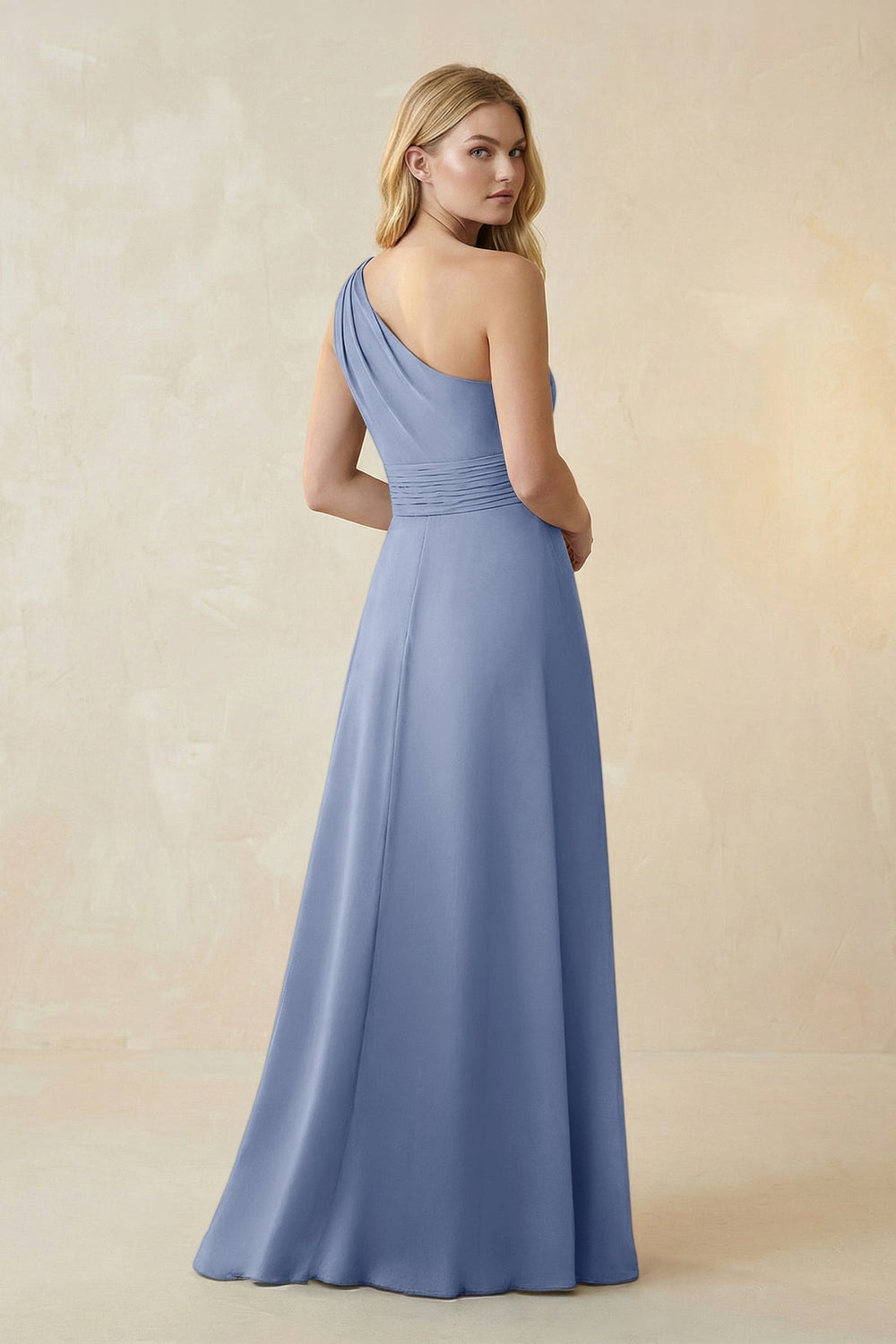 One-Shoulder Ruched A-Line Satin Bridesmaid Dress in Mist