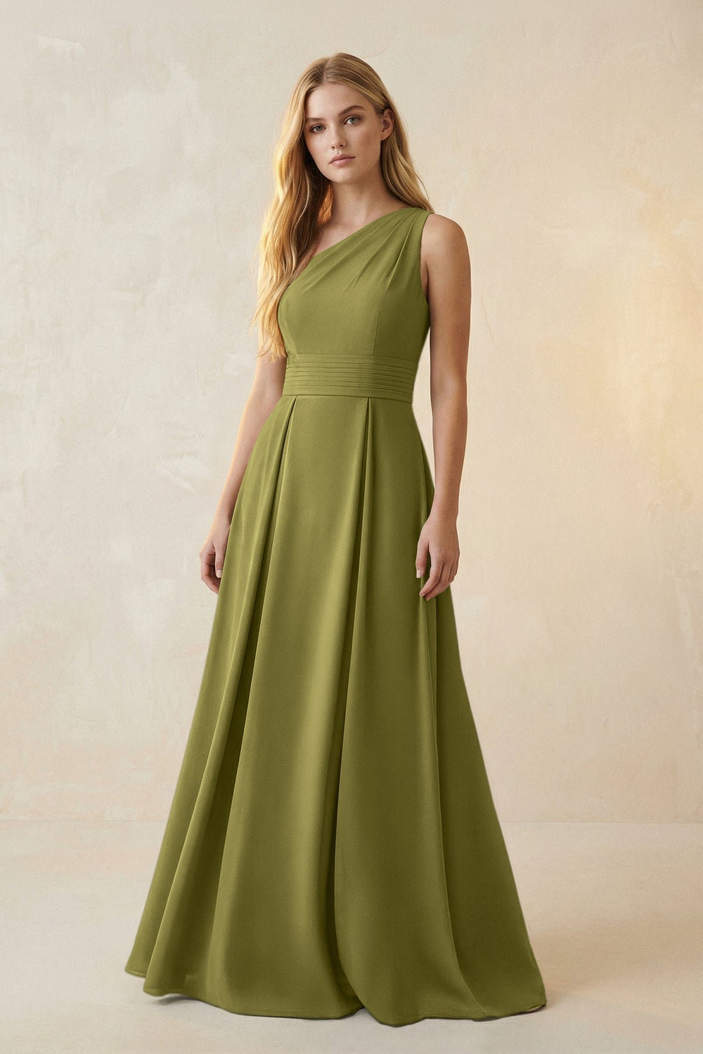 One-Shoulder Ruched A-Line Satin Bridesmaid Dress in Moss Green