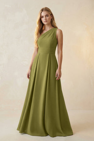 One - Shoulder Ruched A - Line Satin Bridesmaid Dress in Moss Green - KISS BRIDAL Bridesmaid Dresses