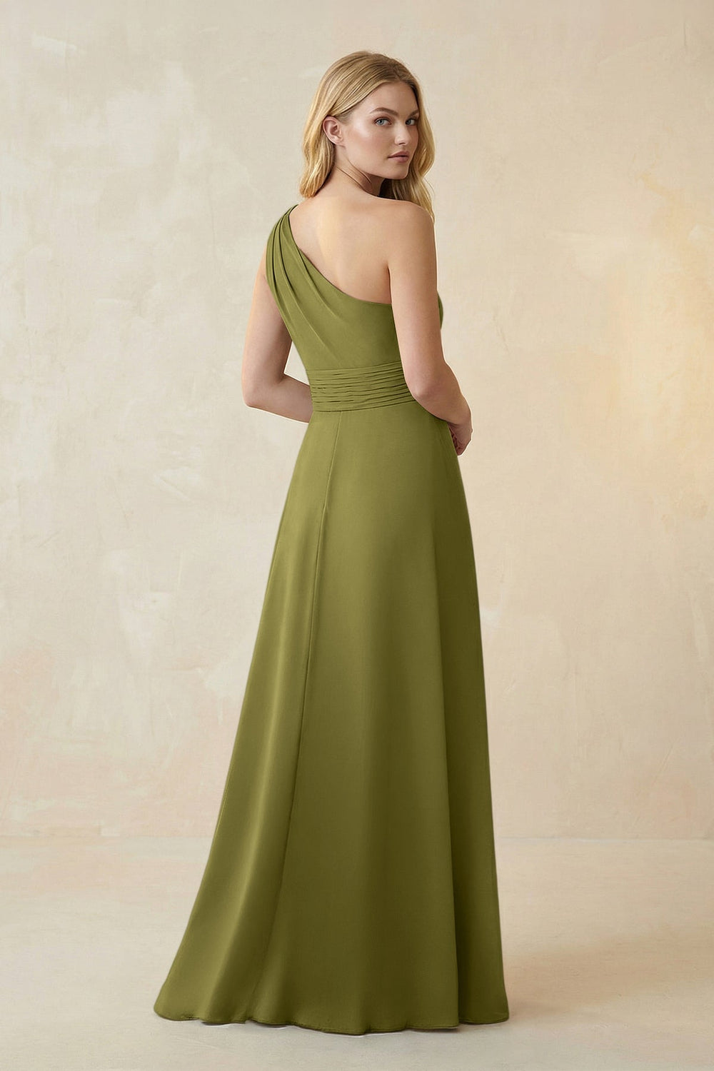 One-Shoulder Ruched A-Line Satin Bridesmaid Dress in Moss Green
