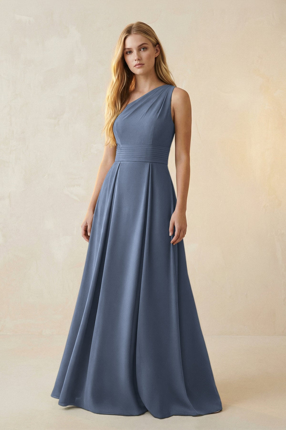 One-Shoulder Ruched A-Line Satin Bridesmaid Dress in Neptune