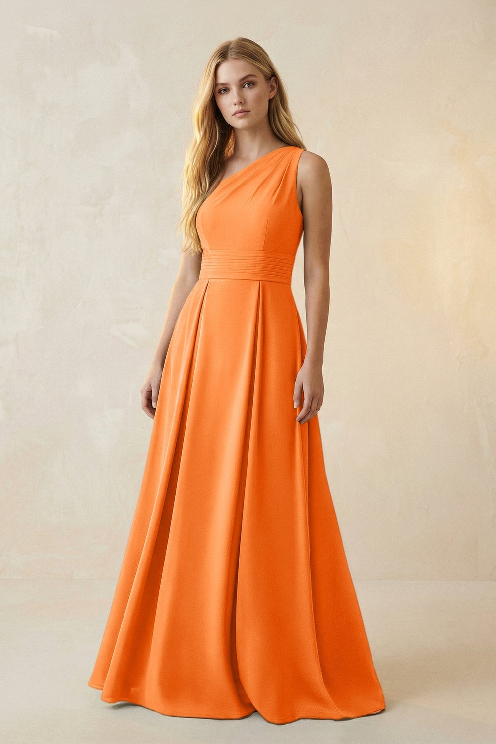 One-Shoulder Ruched A-Line Satin Bridesmaid Dress in Orange