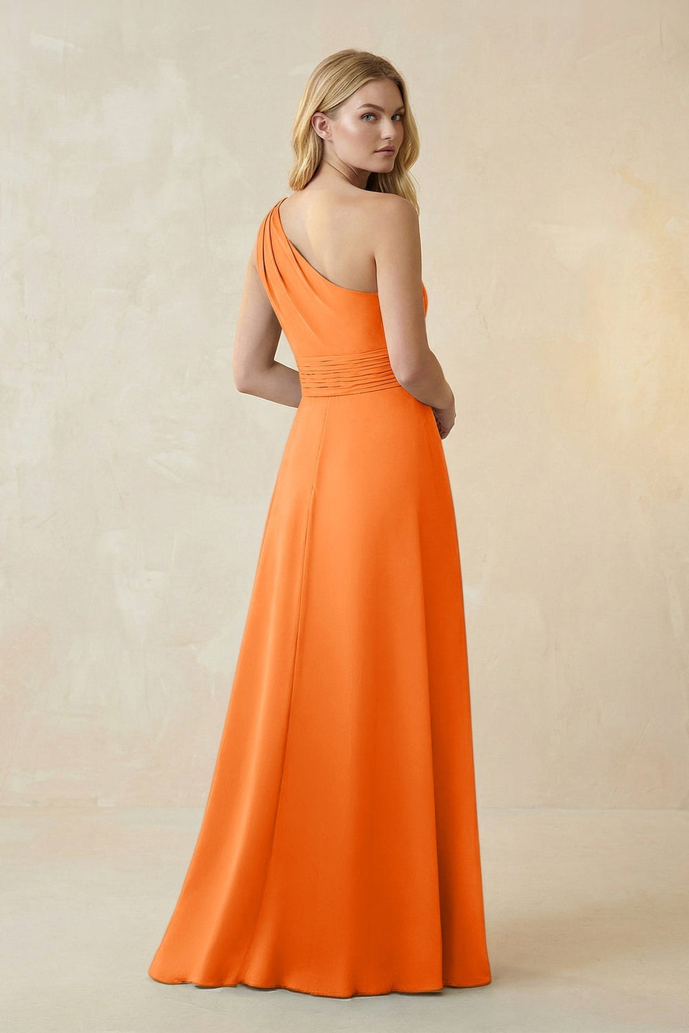One-Shoulder Ruched A-Line Satin Bridesmaid Dress in Orange
