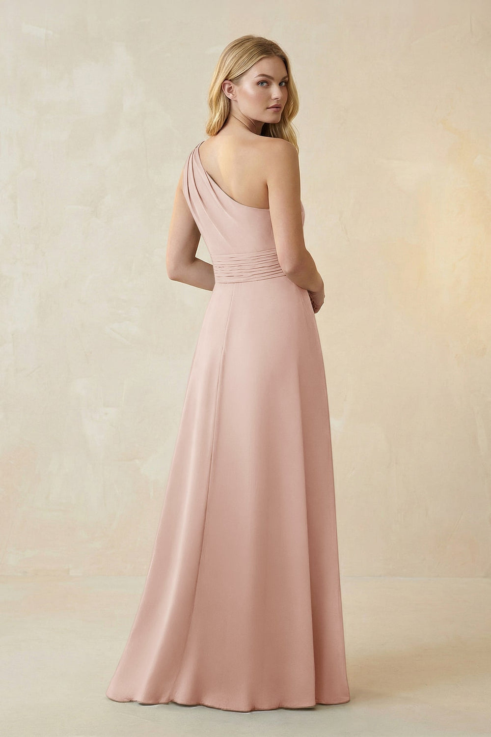 One-Shoulder Ruched A-Line Satin Bridesmaid Dress in Pale Blush