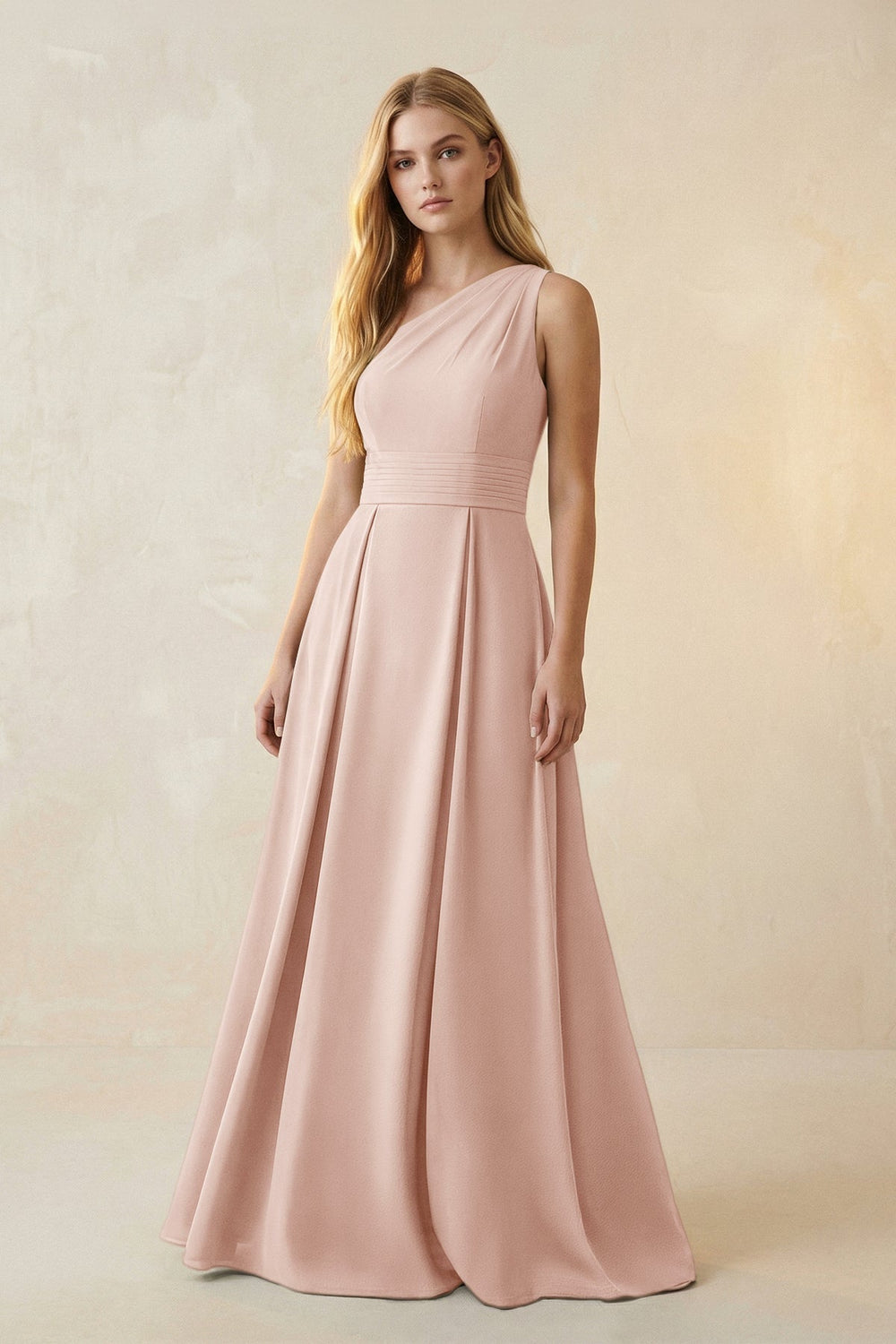 One-Shoulder Ruched A-Line Satin Bridesmaid Dress in Pale Blush