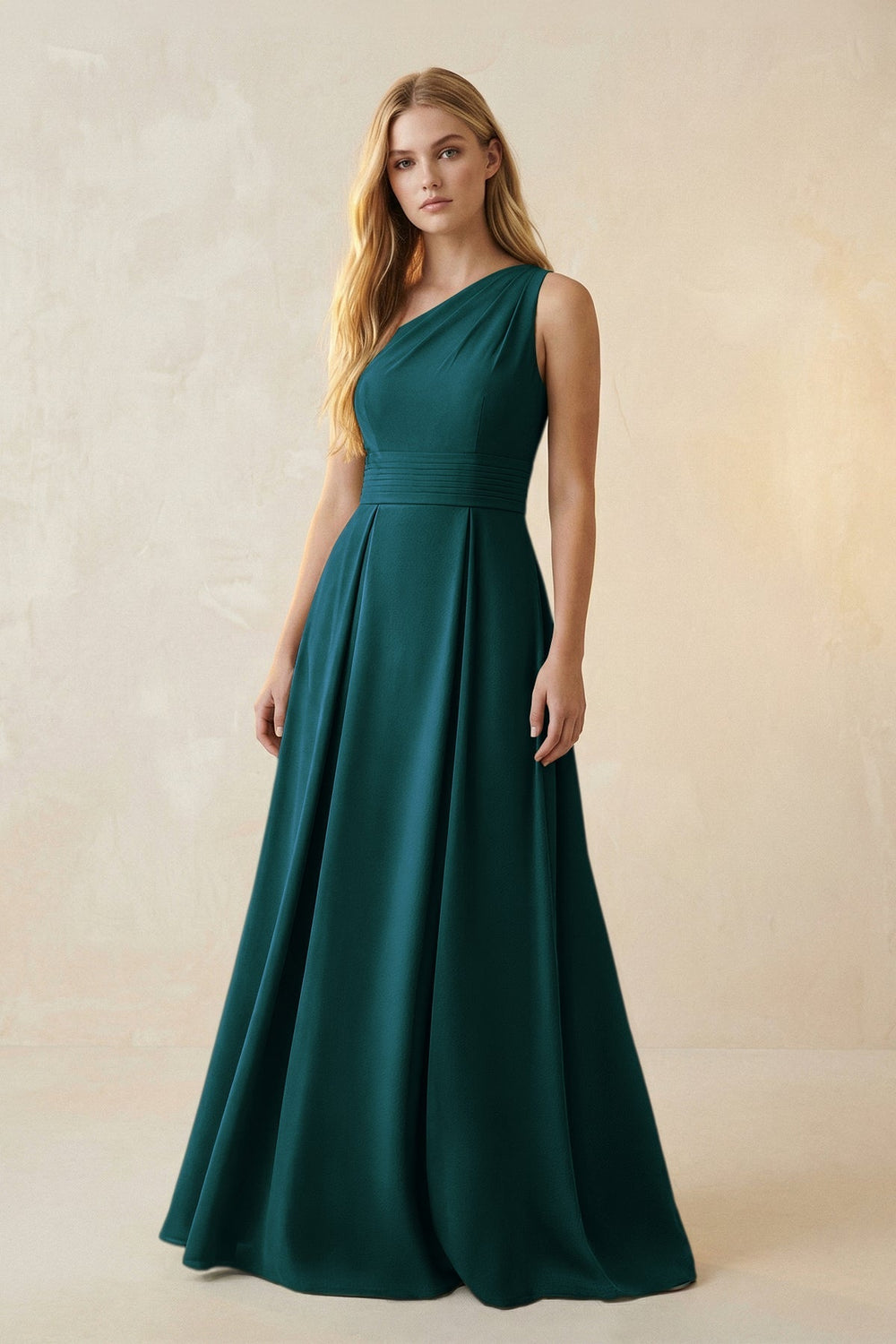 One-Shoulder Ruched A-Line Satin Bridesmaid Dress in Pine