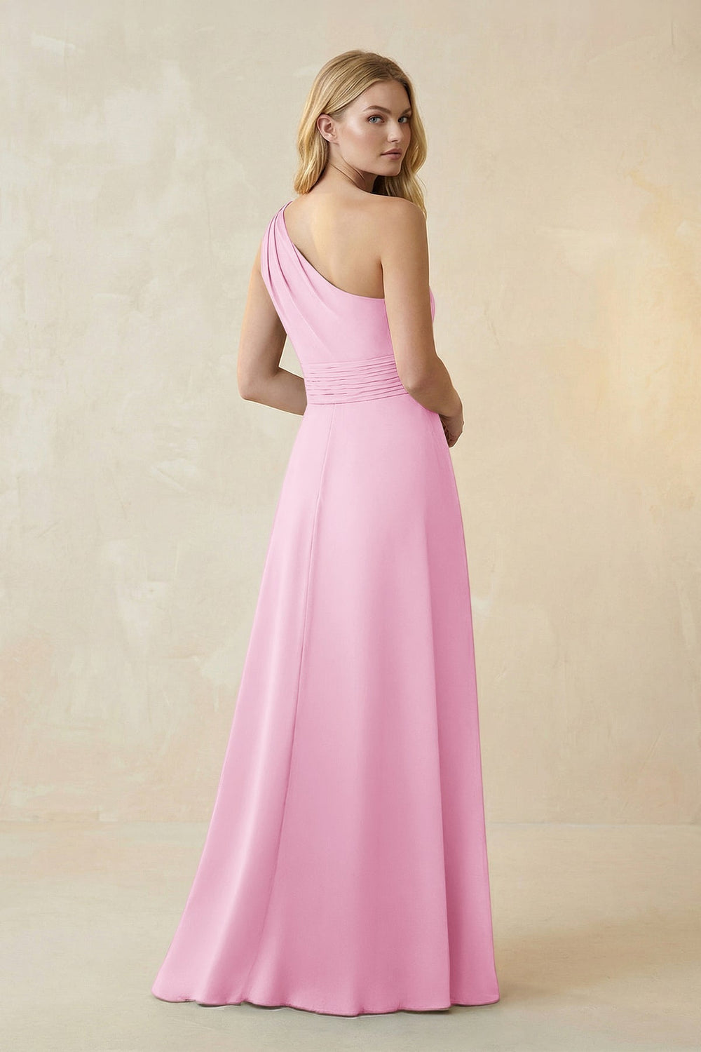 One-Shoulder Ruched A-Line Satin Bridesmaid Dress in Pink