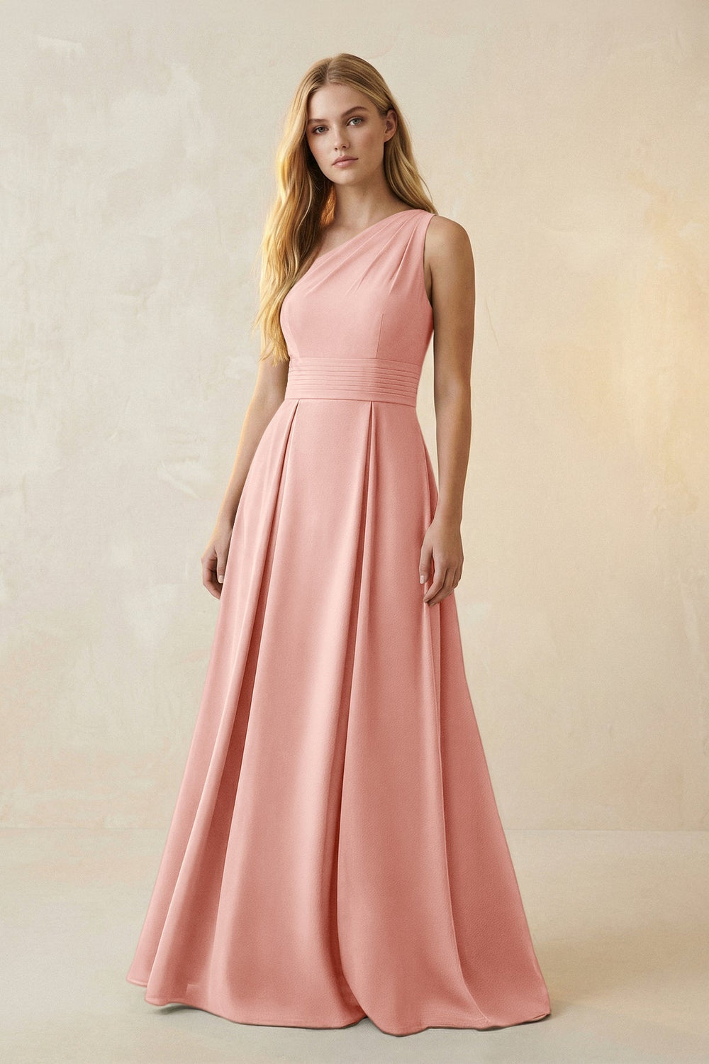 One-Shoulder Ruched A-Line Satin Bridesmaid Dress in Rose Petal