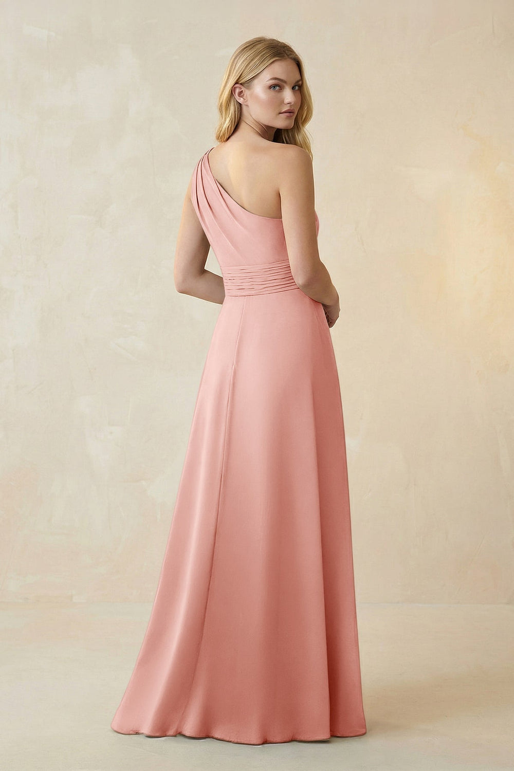 One-Shoulder Ruched A-Line Satin Bridesmaid Dress in Rose Petal