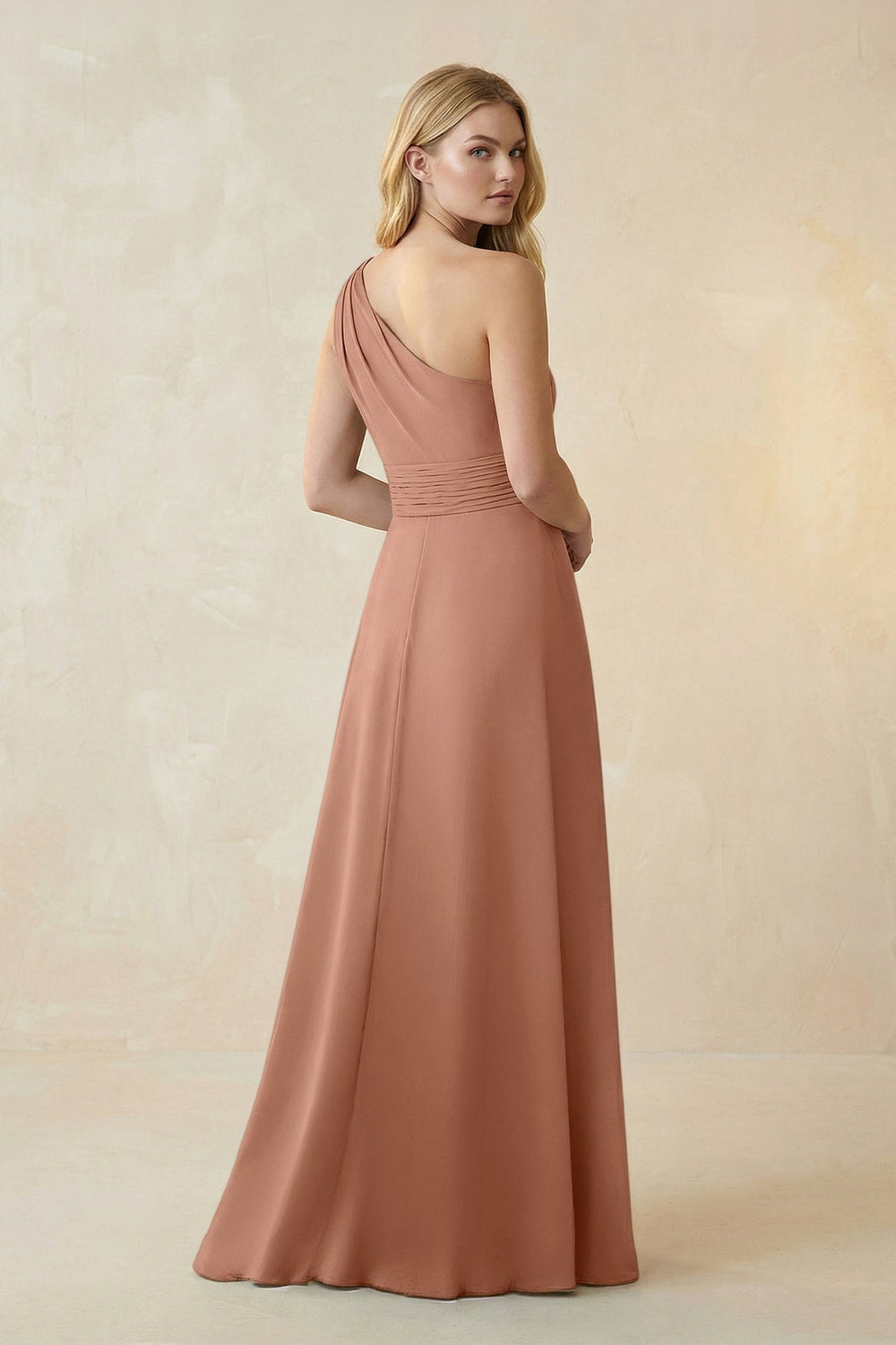 One-Shoulder Ruched A-Line Satin Bridesmaid Dress in Rosette