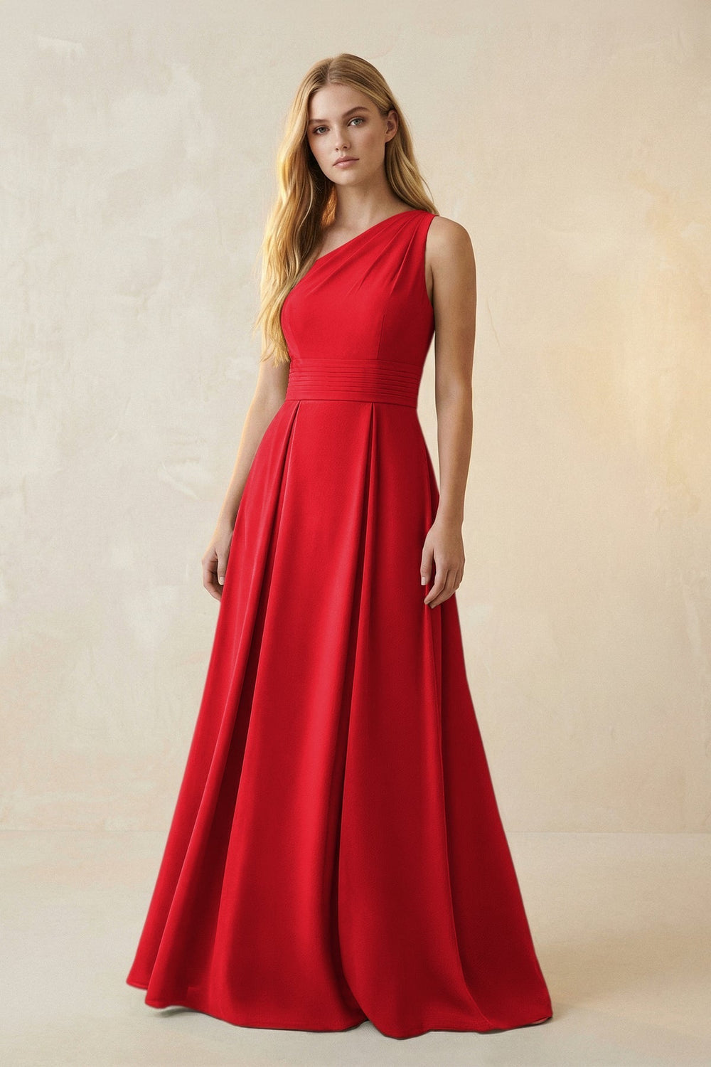 One-Shoulder Ruched A-Line Satin Bridesmaid Dress in Ruby Red