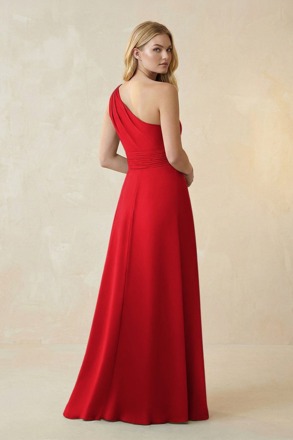 One-Shoulder Ruched A-Line Satin Bridesmaid Dress in Ruby Red