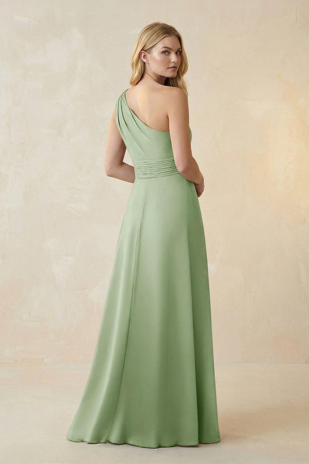 One-Shoulder Ruched A-Line Satin Bridesmaid Dress in Sage