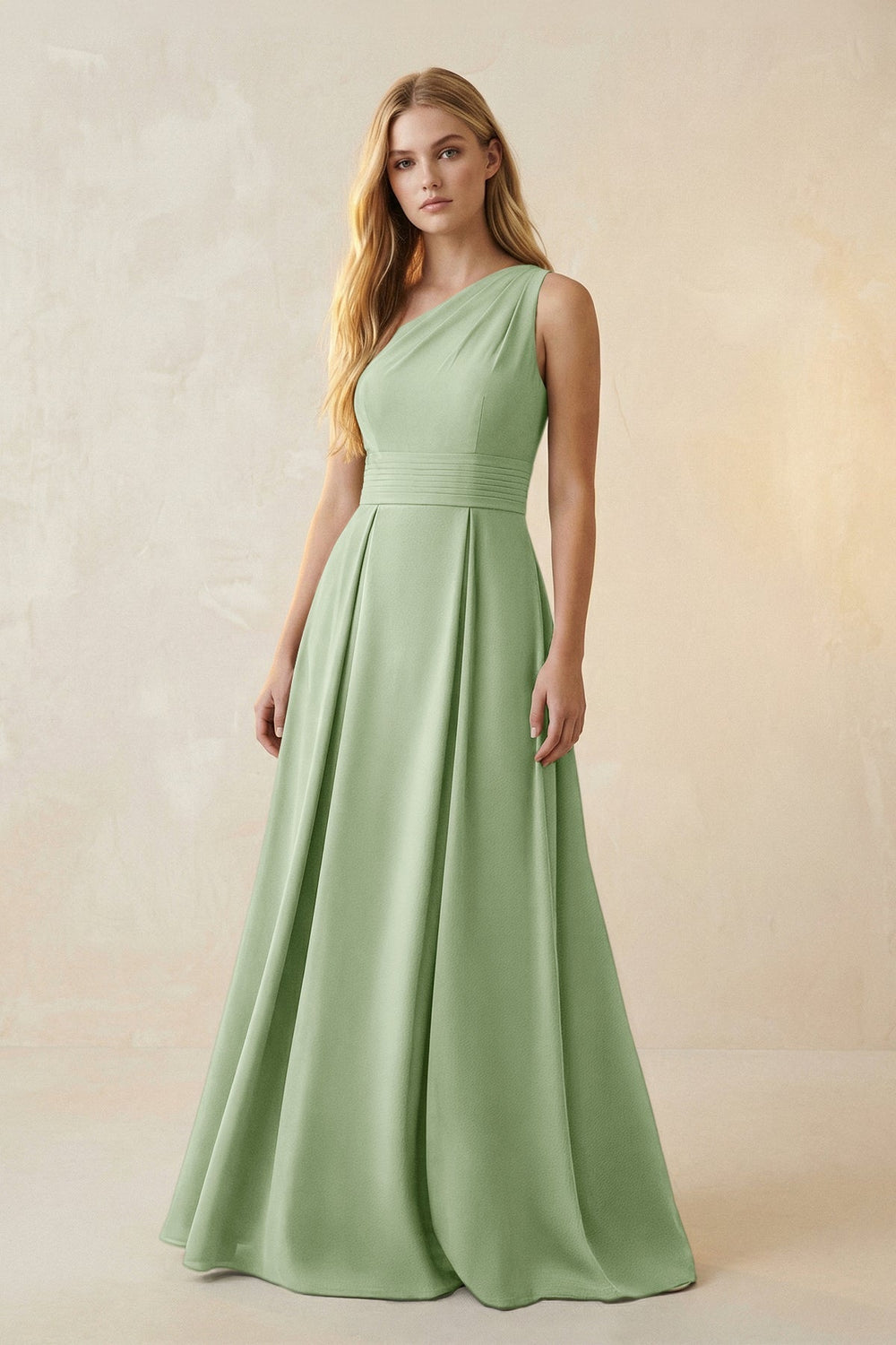 One-Shoulder Ruched A-Line Satin Bridesmaid Dress in Sage