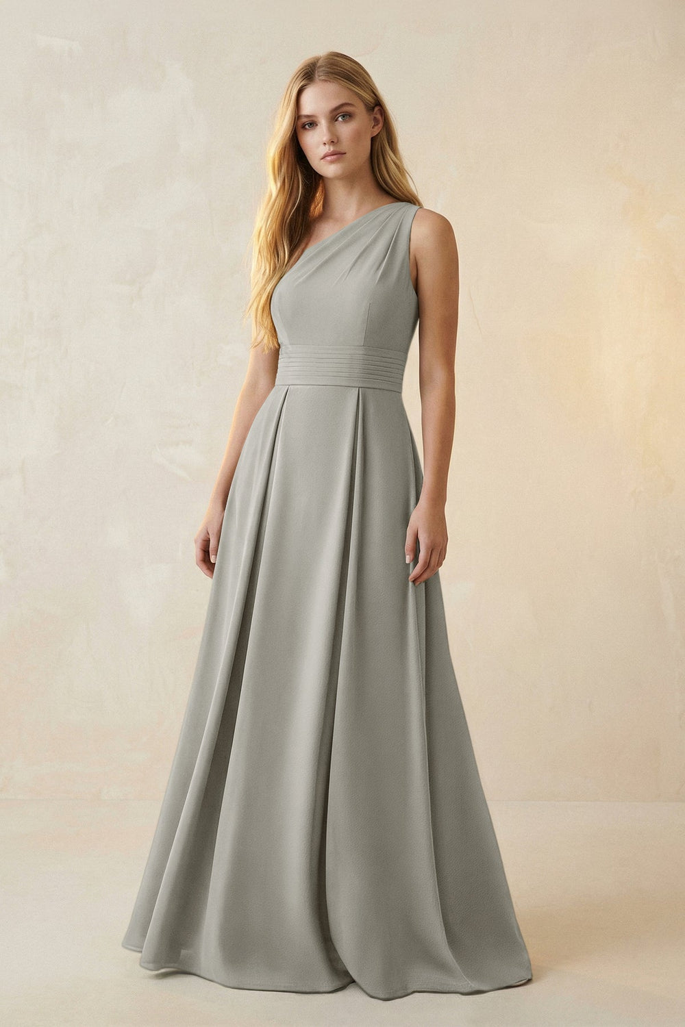 One-Shoulder Ruched A-Line Satin Bridesmaid Dress in Silver
