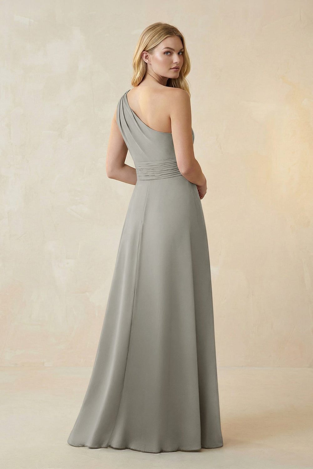 One-Shoulder Ruched A-Line Satin Bridesmaid Dress in Silver
