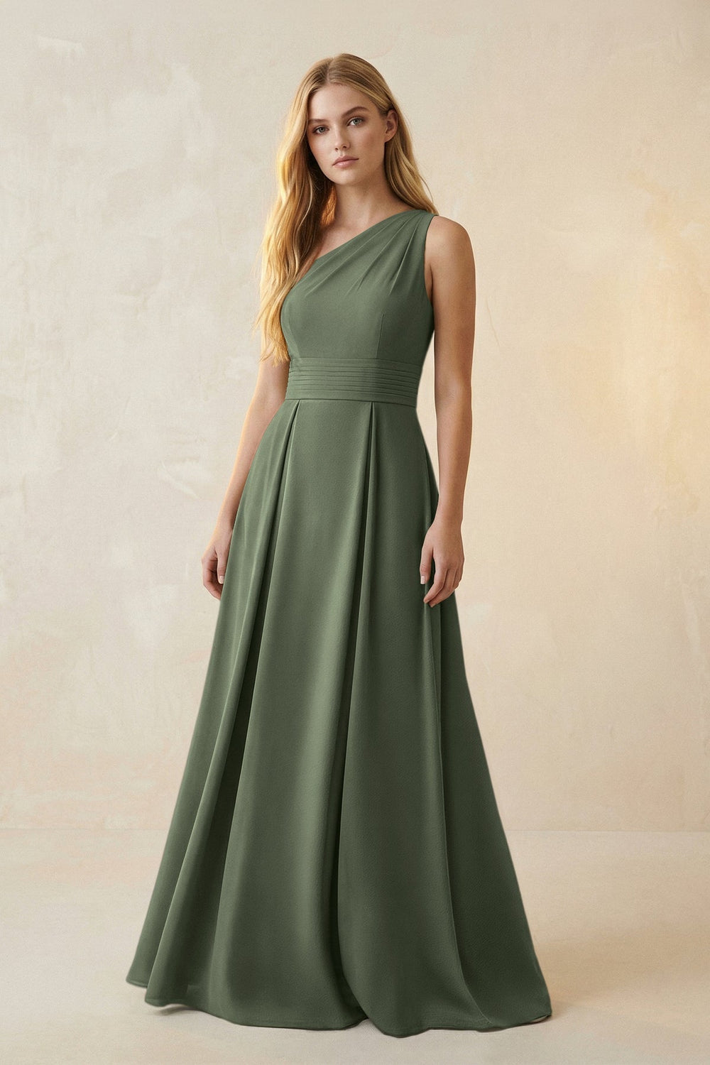 One-Shoulder Ruched A-Line Satin Bridesmaid Dress in Thyme