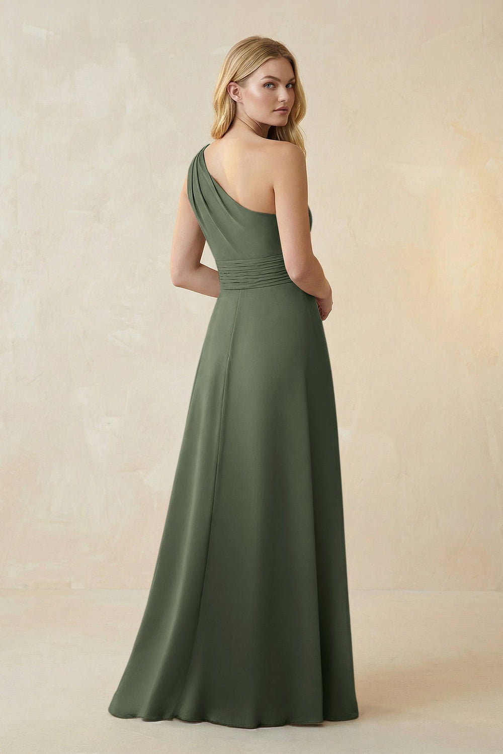 One-Shoulder Ruched A-Line Satin Bridesmaid Dress in Thyme