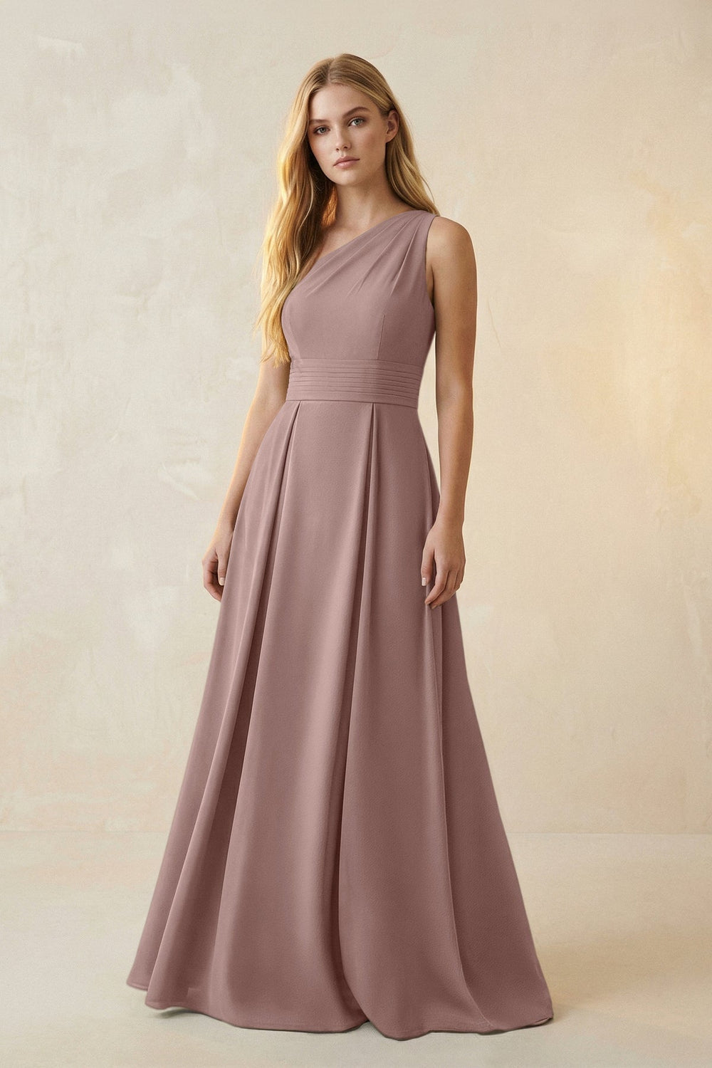 One-Shoulder Ruched A-Line Satin Bridesmaid Dress in Toffee