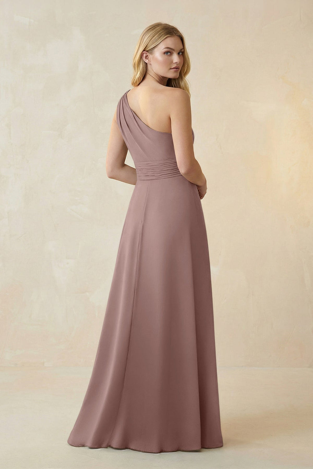 One-Shoulder Ruched A-Line Satin Bridesmaid Dress in Toffee