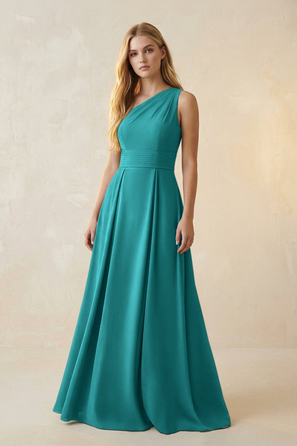One-Shoulder Ruched A-Line Satin Bridesmaid Dress in Turquoise