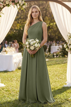 One - Shoulder Ruched A - Line Satin Bridesmaid Dress in Willow Green - KISS BRIDAL Bridesmaid Dresses