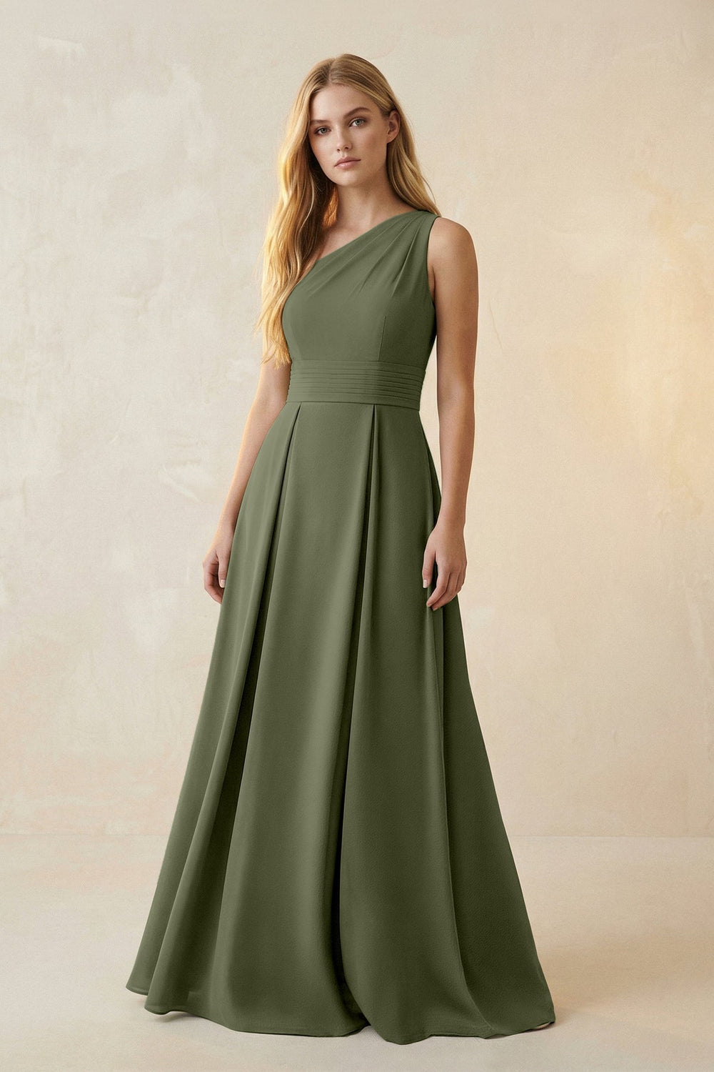One-Shoulder Ruched A-Line Satin Bridesmaid Dress in Willow Green