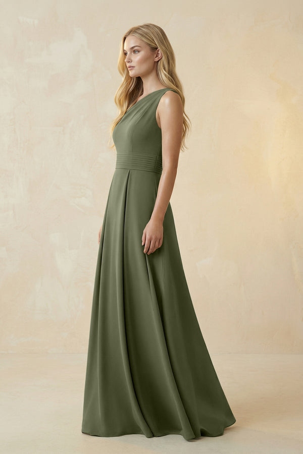One - Shoulder Ruched A - Line Satin Bridesmaid Dress in Willow Green - KISS BRIDAL Bridesmaid Dresses