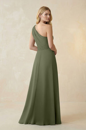 One - Shoulder Ruched A - Line Satin Bridesmaid Dress in Willow Green - KISS BRIDAL Bridesmaid Dresses