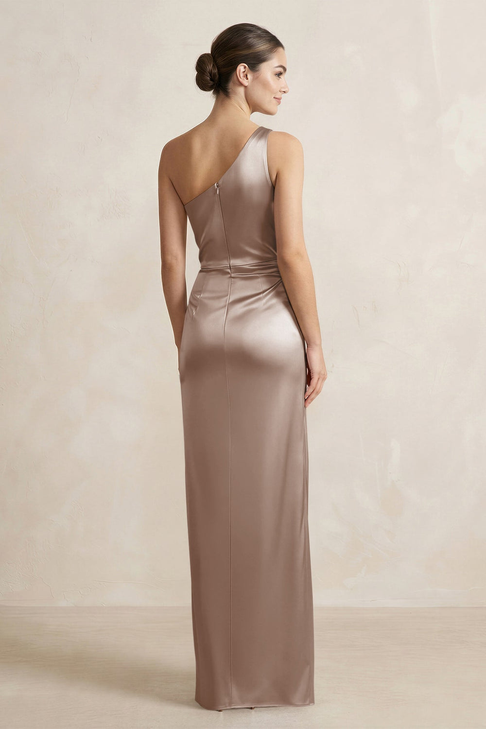 One-Shoulder Ruched Sheath Satin Bridesmaid Dress in Almond