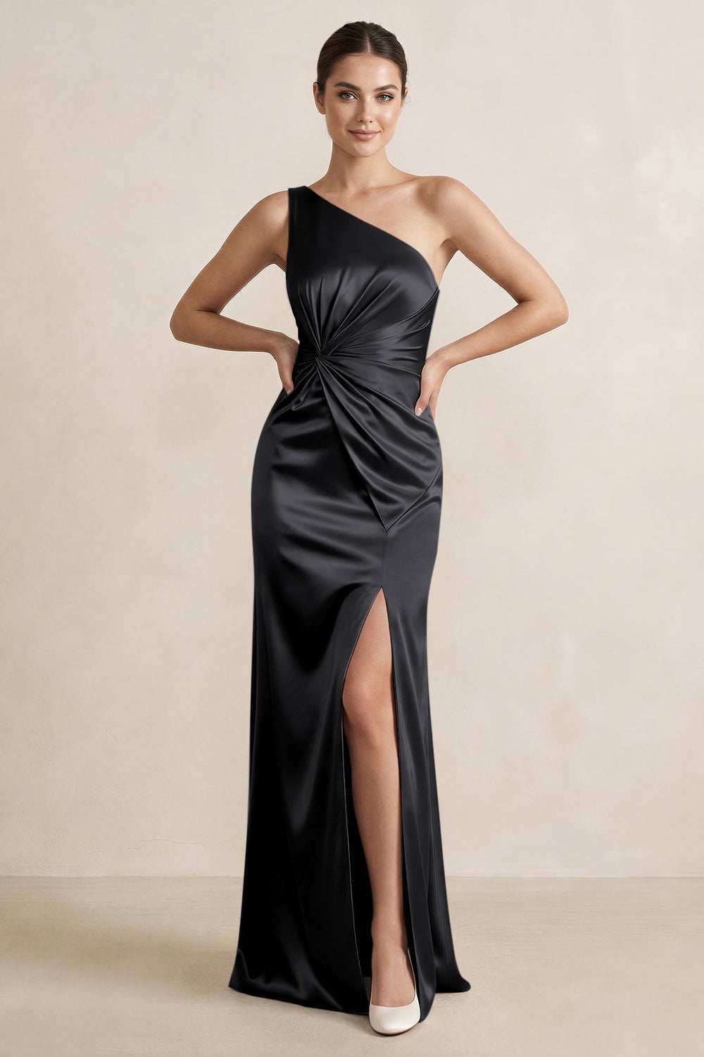 One-Shoulder Ruched Sheath Satin Bridesmaid Dress in Black