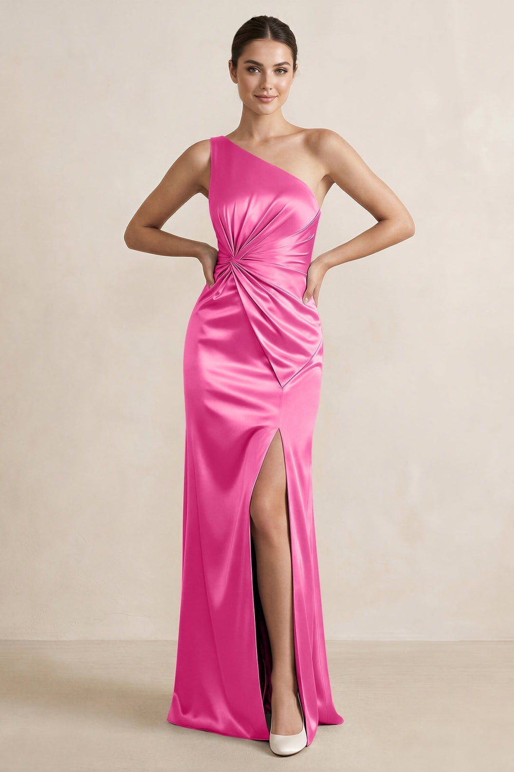 One-Shoulder Ruched Sheath Satin Bridesmaid Dress in Bon Bon Pink
