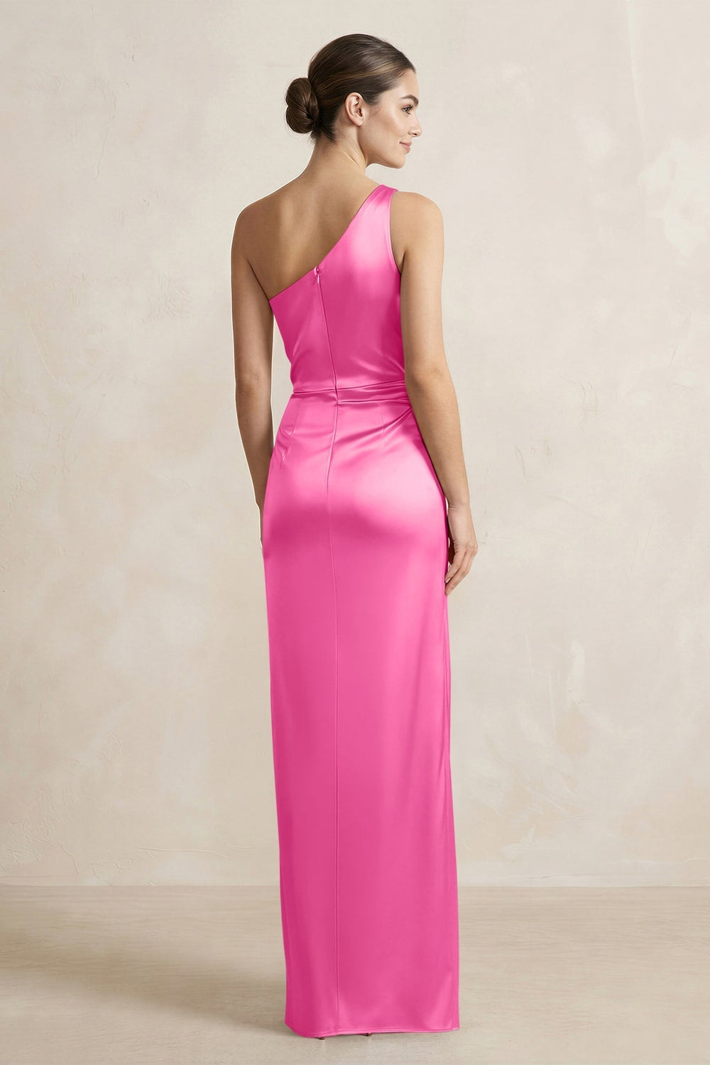 One-Shoulder Ruched Sheath Satin Bridesmaid Dress in Bon Bon Pink