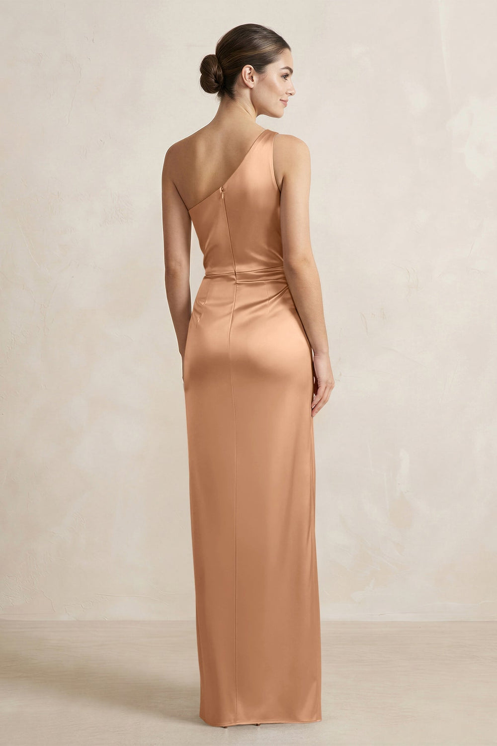 One-Shoulder Ruched Sheath Satin Bridesmaid Dress in Bronzer