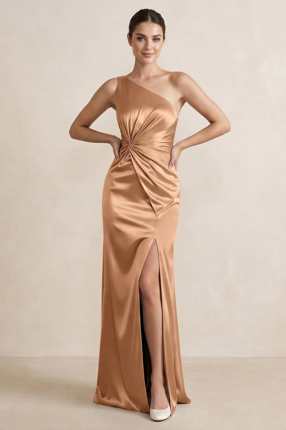 One-Shoulder Ruched Sheath Satin Bridesmaid Dress in Bronzer