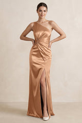 One - Shoulder Ruched Sheath Satin Bridesmaid Dress in Bronzer - KISS BRIDAL Bridesmaid Dresses