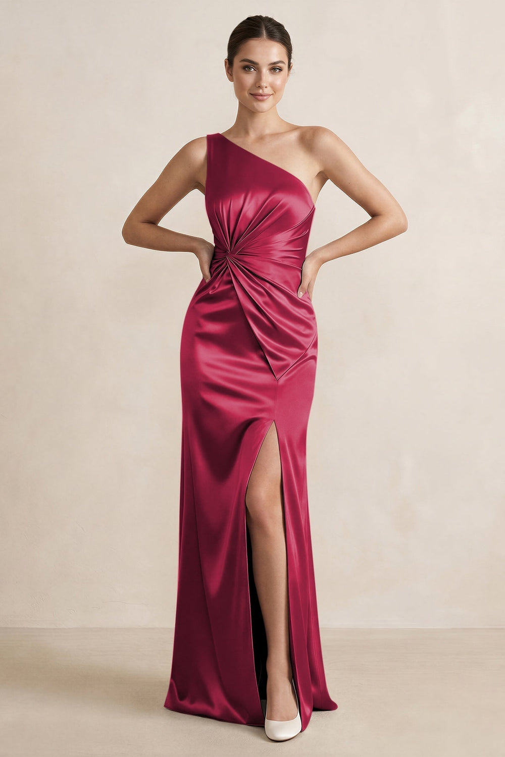 One-Shoulder Ruched Sheath Satin Bridesmaid Dress in Burgundy