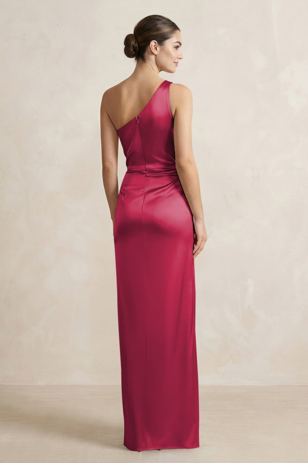 One-Shoulder Ruched Sheath Satin Bridesmaid Dress in Burgundy