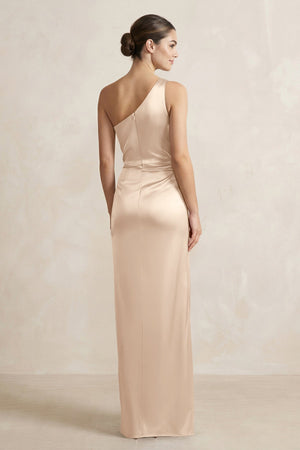 One - Shoulder Ruched Sheath Satin Bridesmaid Dress in Champagne - KISS BRIDAL Bridesmaid Dresses