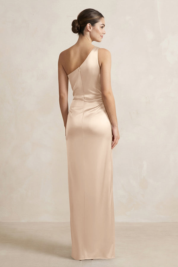 One - Shoulder Ruched Sheath Satin Bridesmaid Dress in Champagne - KISS BRIDAL Bridesmaid Dresses