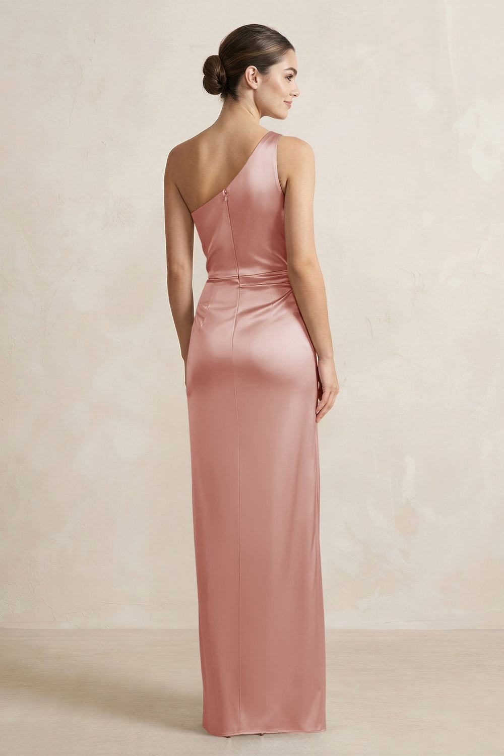 One-Shoulder Ruched Sheath Satin Bridesmaid Dress in Champagne Rose