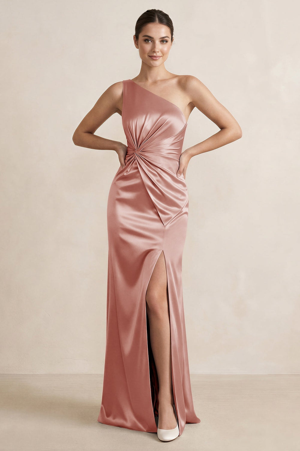 One-Shoulder Ruched Sheath Satin Bridesmaid Dress in Champagne Rose