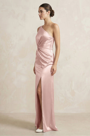 One - Shoulder Ruched Sheath Satin Bridesmaid Dress in English Rose - KISS BRIDAL Bridesmaid Dresses